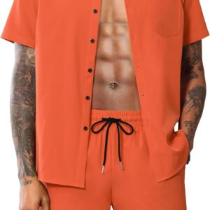 Men Summer Casual Short Sets Solid Short Sleeve Pocket Button Down Shirt Elastic Shorts 2 Piece Outfits Tracksuit