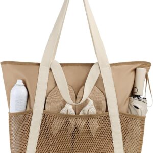 Beach Bag Large Waterproof Sandproof Foldable Tote for Women with Zipper Mesh Pockets for Pool Swim Travel Everyday