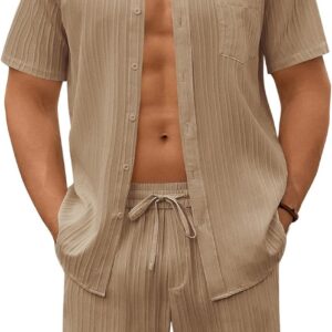 Mens Beach Outfits 2 Piece Sets Casual Short Sleeve Button Down Summer Textured Shirt