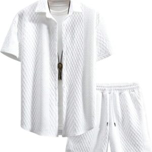 Men's 2 Piece Outfits Waffle Knit Button Down Shirt Top and Shorts Set