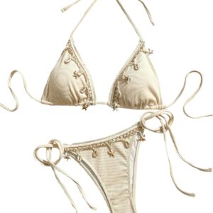 Women's 2 Piece Halter Triangle Bathing Suit Ribbed Bikini Swimsuits