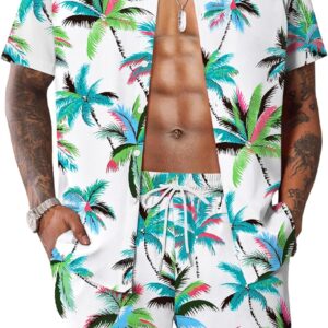 Mens Coconut Tree Hawaiian Sets Casual Short Sleeve Button Down Shirts Shorts 2 Piece Outfits Summer Tracksuit