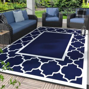 5' x 8' Outdoor Rug Waterproof for Patio Decor, Foldable Reversible Plastic Straw Area Rugs Mat for Camper, Outside Carpet for Rv, Deck, Porch, Picnic, Beach, Balcony, Blue & White