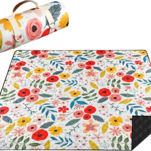 Outdoor Picnic Blanket 80''x80'' Extra Large Floral Waterproof Sandproof Portable Machine Washable 3 Layer Thick Gingham Picnic Mat for Beach Camping Park Grass(Beige)