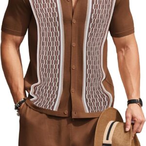 Men's 2 Piece Outfit Vintage Short Sleeve Button Down Knit Polo Shirts Casual Beach Shorts Sets