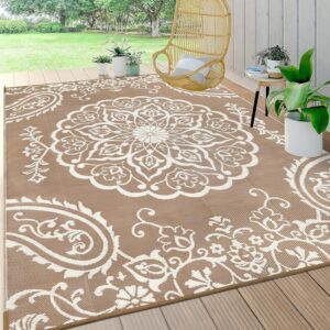 Waterproof Outdoor Rug 8x10, Reversible Plastic Straw Patio Camping Rug, Indoor Outdoor RV Mat Carpet for Deck, Camper, Porch, Balcony, Backyard, Picnic, Boho Brown